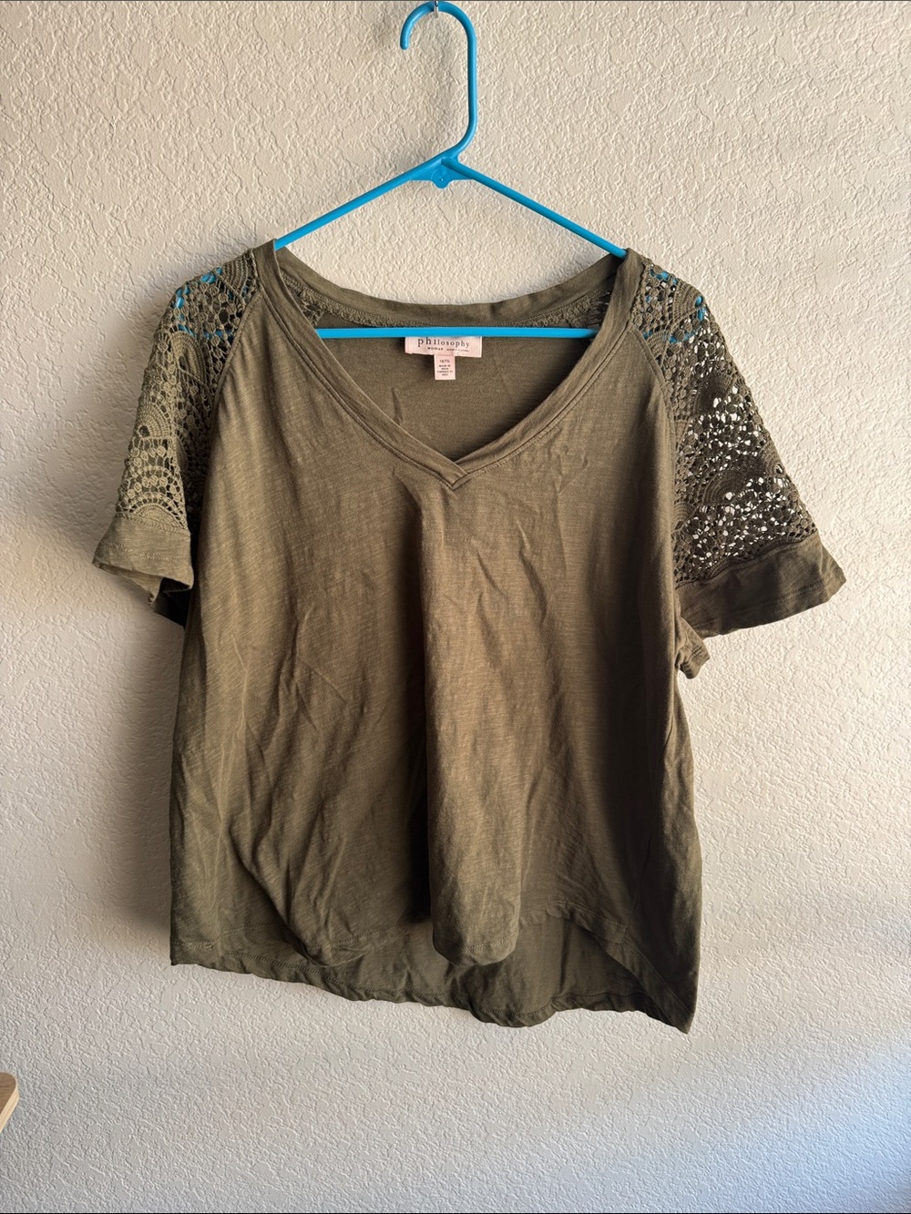 Philosophy Olive Green V-Neck Tee with Crochet Lace Sleeves